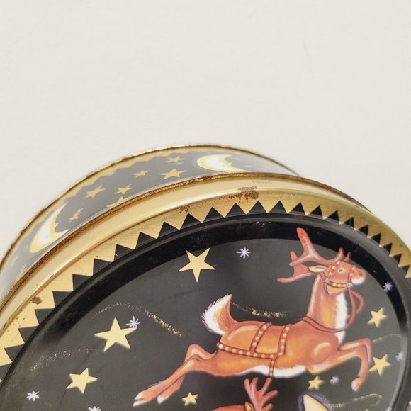 Vtg Holiday Christmas Reindeer Celestial Moon Stars Blue Gold Cookie Tin - Picture 2 of 8